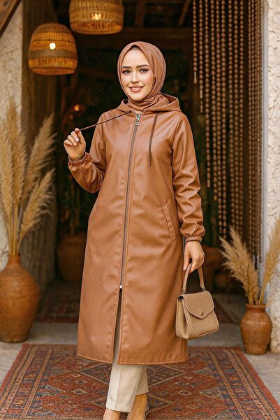 Neva Style Capac Hijab din piele maronie cu glugă 50951TB