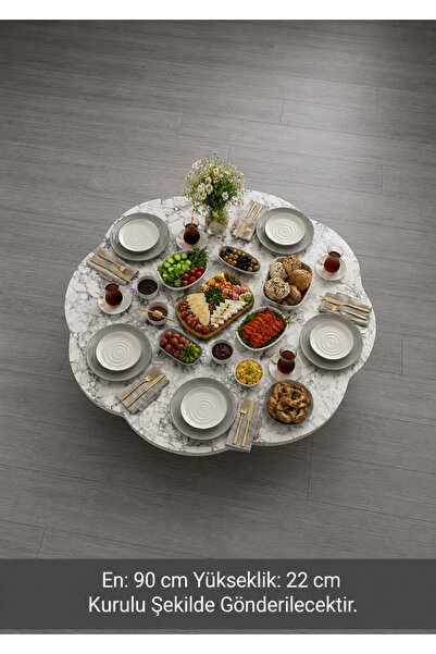 DOGANDEKOR 90 Cm Papatya Yer Sofrası Beyaz Mermer Desen