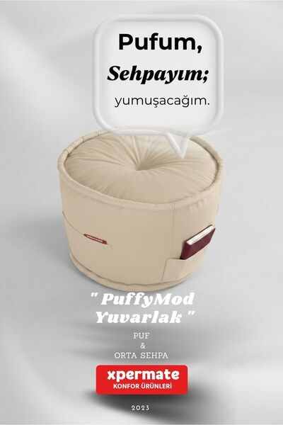 XPERMATE Yuvarlak Puf Sehpa 60x42 cm Dekoratif Oturma ve Ayak Uzatma Pufu Mod...