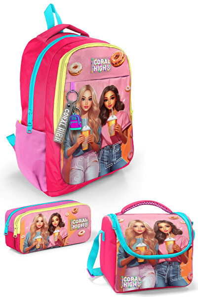 Coral High Kids Pembe Neon Mercan Fashion Girl Desenli 3 lü Okul Çanta Seti S...