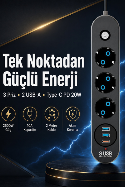 The Wlue 3’lü Anahtarlı Çoklu Priz | 2xUSB | 1xType-C Hızlı | PD Şarj Destekl...