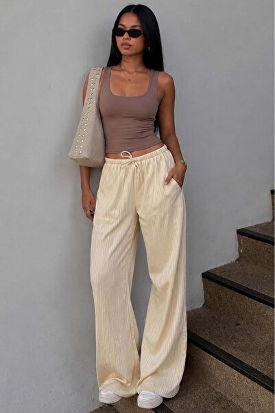 Madmext Yellow Pocketed Wide Leg Women's Trousers Mg1882