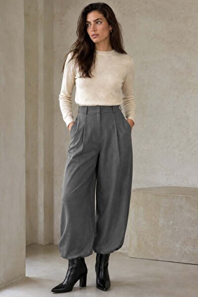 Madmext Gray Pleated Pocket Balloon Women's Trousers Mg2692