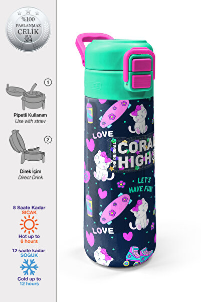 Coral High Kids Lacivert Pembe Kedili Paten Desenli Pipetli ve Direkt İçim Çe...
