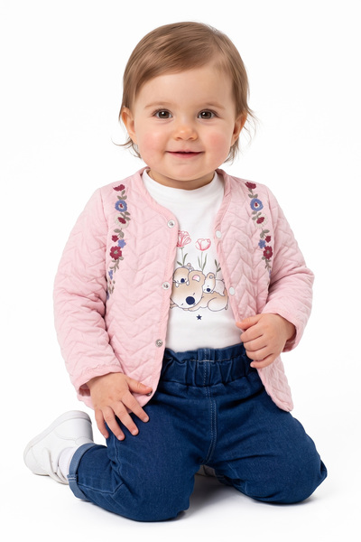 bebegen Baby Girl Pink Laci Koala Floral Embroidered Quilted Jacket 3-Piece Set