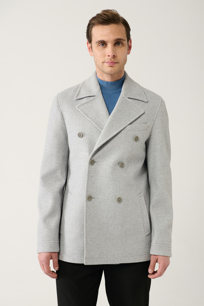 Avva Men's Gray Double Breasted Closure Lined Short Coat A32Y6101