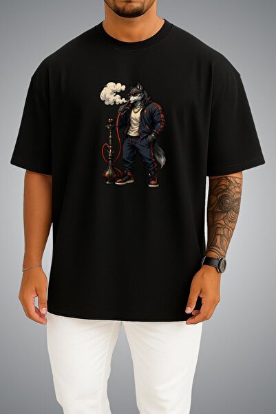 Bahriyeli Collection Oversize Unisex T-Shirt with Wolf Smoking a Hookah Print...