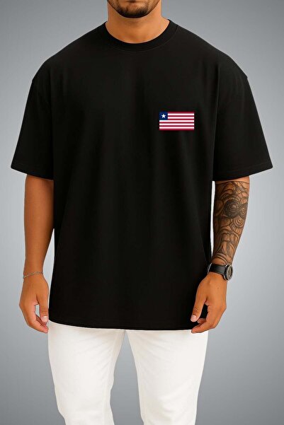 Bahriyeli Collection Oversize Liberia Flag Pocket Printed Unisex T-Shirt