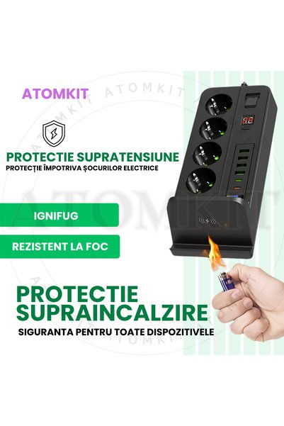 ATOMKIT Prelungitor cu 4 prize AC, 6 porturi USB, încărcare wireless, negru, 3000W, cablu 2m