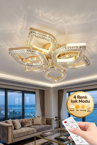 Lumia Lighting Yonca Model Gold Kumandalı 6"lı Ledli 3 Renk Modu Kristal Salo...