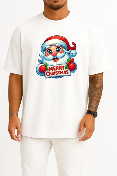 Bahriyeli Collection Oversize Merry Christmas New Year Chest Printed Unisex T...