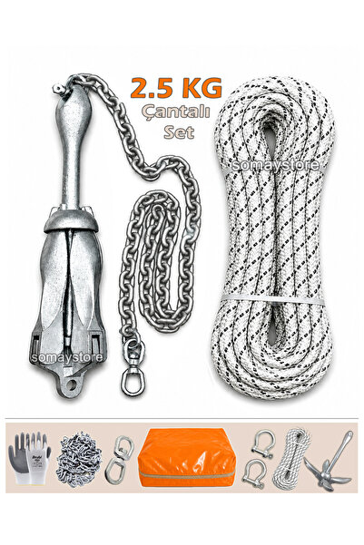 SomayStore Çantalı Tekne & Şişme Bot İçin Hazır Çapa Seti 2.5 KG (Eldiven hed...