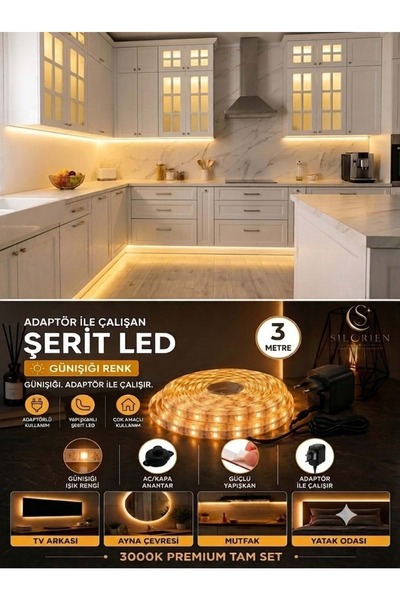 Silorien 3 Metre Günışığı Şerit LED Mutfak Dolabı Tezgah Üstü Adaptörlü Aç Ka...