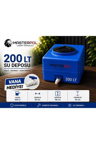 Promaster 200 Lt Kare Mavi Su Deposu Vana ve hortum ağzı Hediye Tankı Bidonu ...