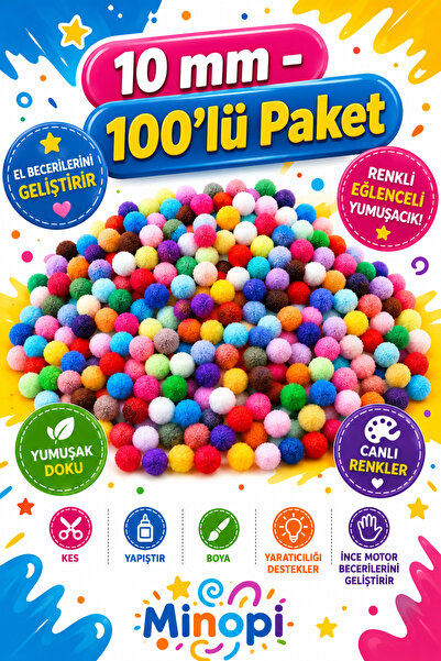Minopi Renkli Ponpon Peluş Top 100'lü Paket 10 mm Hobi Tasarım Anasınıfı Kreş...