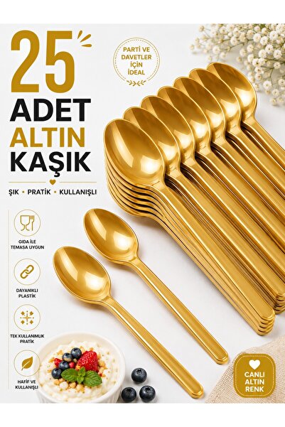 troykar 25 Adet Altın (Gold) Renk LÜX SERT PLASTİK Kaşık (18 Cm) Parti Doğum ...