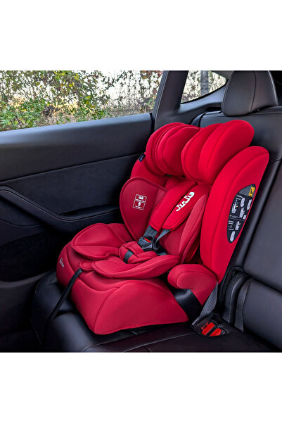JUJU For happy kiddos Scaun auto pentru bebelusi si copii Safe Rider i-Size, 76-150 cm, transformabil in inaltator auto, tetiera reglabila, husa detasabila si lavabila, Rosu/Bordo