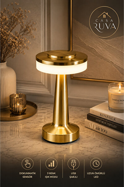 CASA RUVA Modern Gold LED Masa Lambası | Şarjlı Dokunmatik Abajur | 3 Renk Iş...