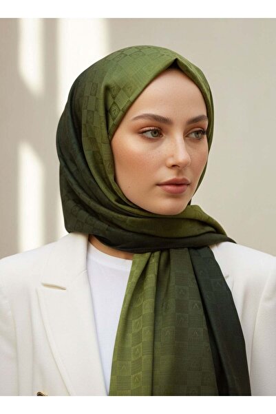 Vissona %57 İPEK %43 PAMUK Degrade Desenli Yağ Yeşili Renkli Şal - 70x190 Dik...