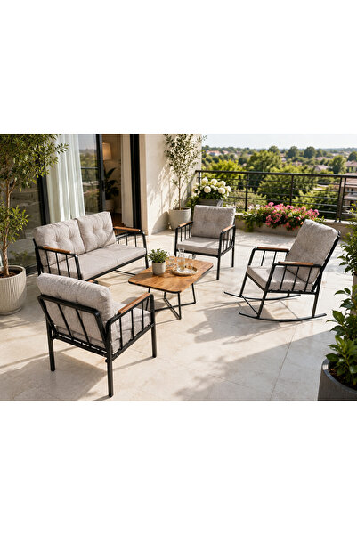 todek home Liva Nesta Konfor Bahçe Balkon Seti Siyah Metal İskelet Sallanır K...