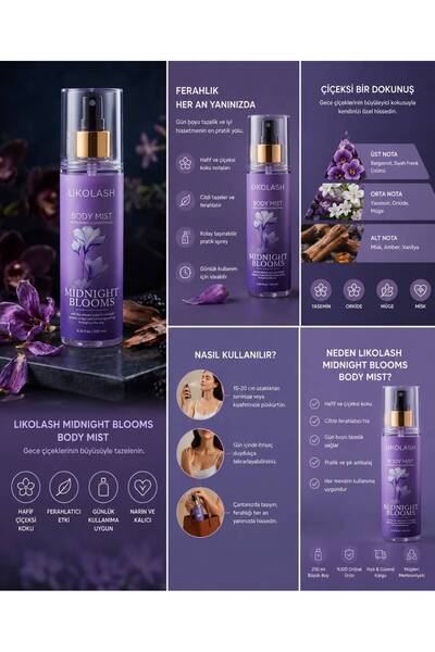 Likolash Midnight Blooms Body Mist Kadın Vücut Spreyi Çiçeksi Meyvemsi Kokulu 200 ml Ferahlatıcı Günlük Kullanım