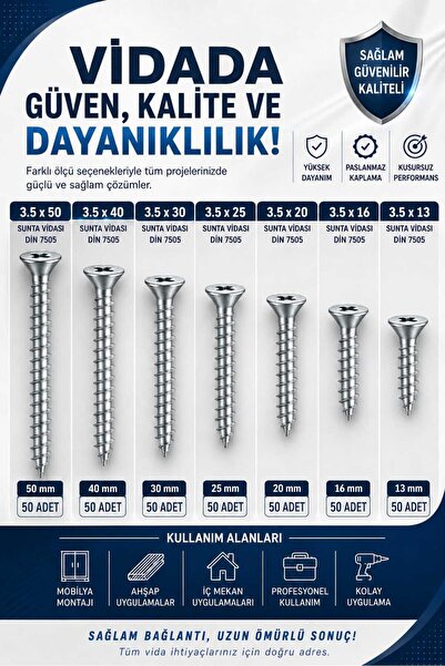 Üstün SUNTA VİDASI SETİ 3.5*13 3.5*16 3,5*20 3,5*25 3,5*30 3,5*40 3,5*50 - 7P...