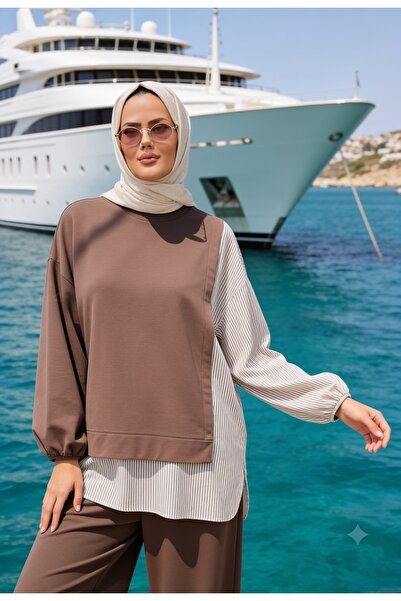 ASEL FASHİON طقم قميص Line محتشم للنساء من قطعتين، باللون البني