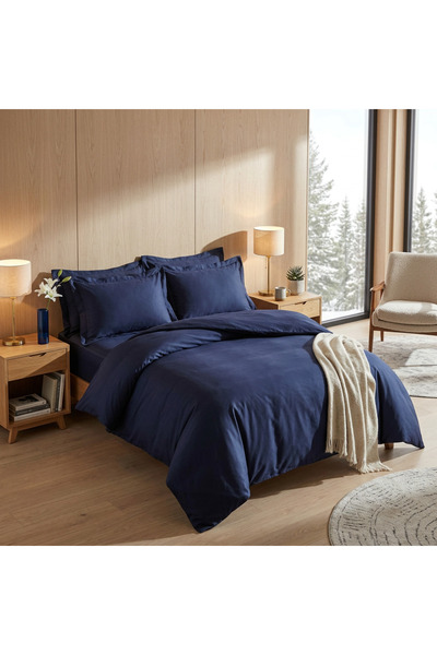ALAMODE Natural Cotton Sheet Elastic Duvet Cover Set Double Size - Navy Blue