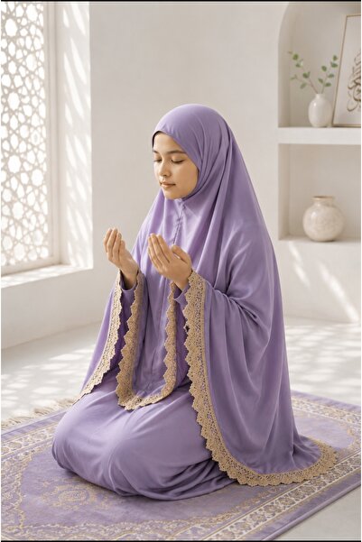 Store Kız Çocuk Lüks Kadife Namaz Elbisesi - Dantel İşlemeli Krem Namazlık Ta...