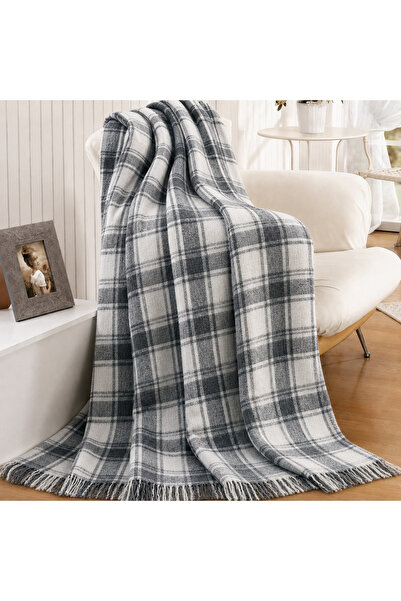 SEVHOME CONCEPT 50% Cotton Soft Textured & Decorative & Plaid Blanket Navy Bl...