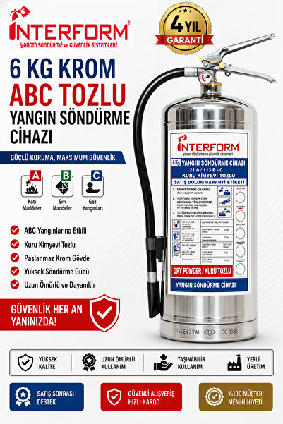 İNTERFORM 6 KG KROM KAPLAMA ABC KURU KİMYEVİ TOZLU YANGIN SÖNDÜRME TÜPÜ + LEVHA