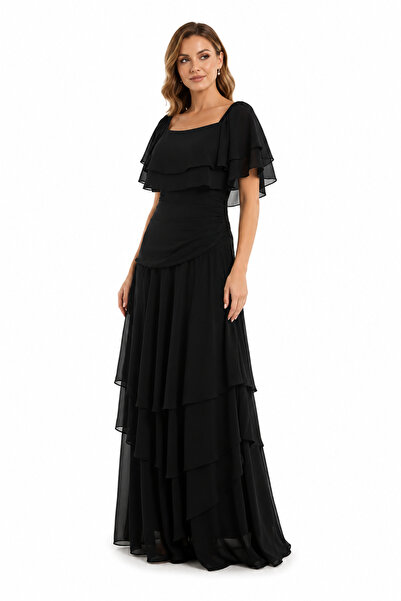 unbranded Women's Black Chiffon Layered Maxi Evening Dress with Cape Sleeves ...