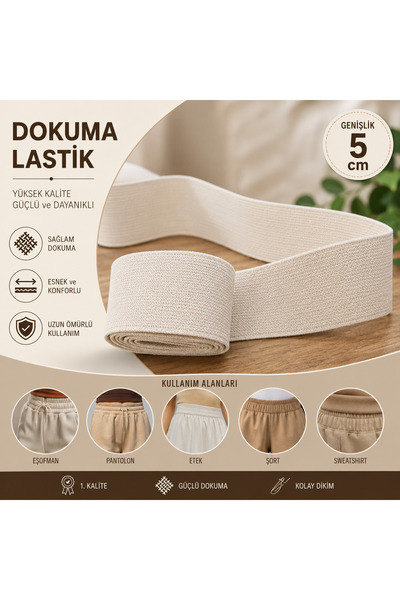 İMREN AKSESUAR Sert Dokuma Bej Renk 5 cm Dayanıklı Paça Don ve Bel Lastiği 1 Paket 3 Metre