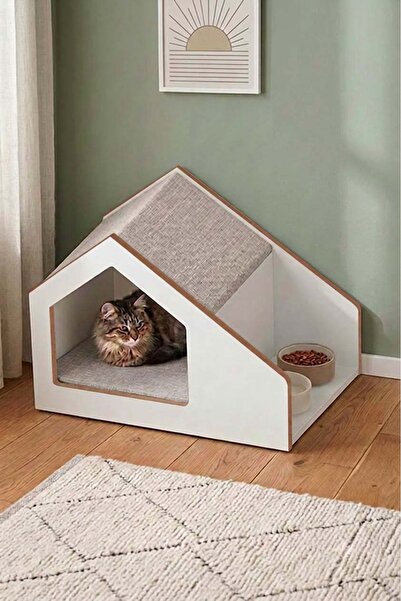 benim odam Kitty Fonksiyonel Kedi Evi ve Mama Standı Düz Beyaz