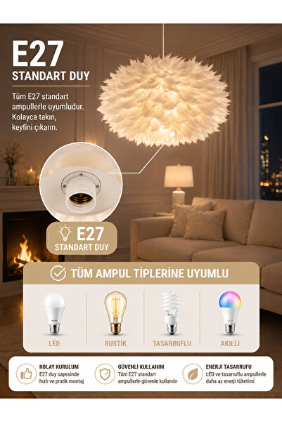 Luna Lighting Flora Model Beyaz Tüylü Kumaş Modern Estetik Tekli Sarkıt Avize