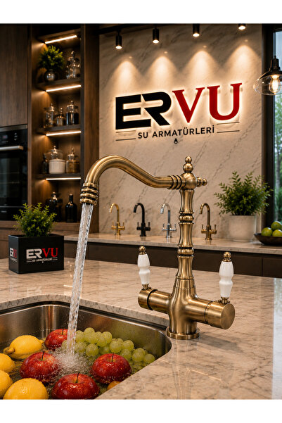 Ervu Yapı Antik Gold Arıtmalı Rustik Mutfak Eviye Musluk (SICAK SOĞUK GİRİŞLİ...