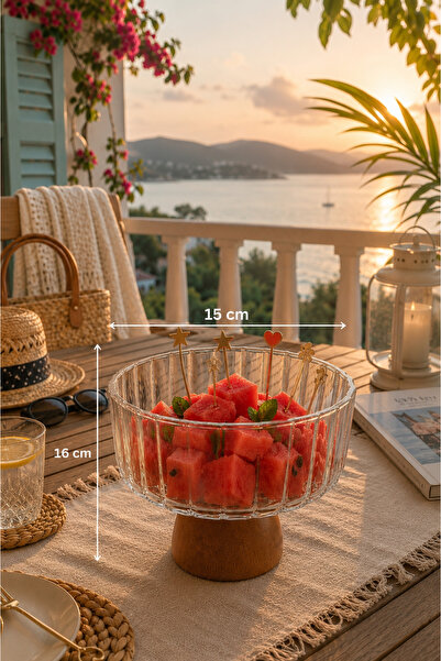 NEWNOW Bloom Natura Ayaklı Cam Sunumluk Akasya Ahşap Ayaklı Meyvelik Salata K...