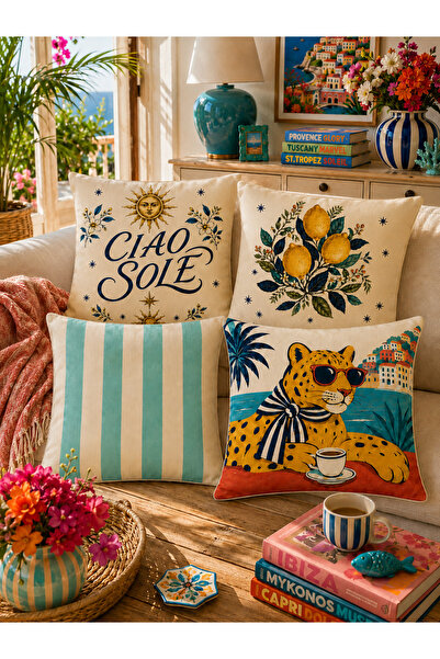 Tilda BSC. & Home Kırlent Kılıfı Seti Riviera Desenli 4’lü, Panter, Limon, Ciao Sole, Çizgili, Dekoratif Yastık Kılıfı 43x43 cm