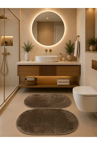 Lionhome Peluş Banyo Halısı Paspası Renk Vizon 2'li Set Kaymaz Taban Saçaksız...