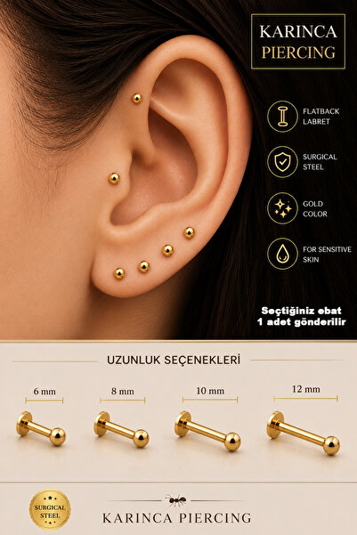 Karınca Piercing Gold Altın Rengi Piercing Labret Tragus Forward Helix Dudak ...