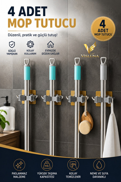 VİSLUNA ( 4 Adet ) Mop Tutucu Fırça Sapı Tutucu Pratik Banyo Fayans Yapışkanl...