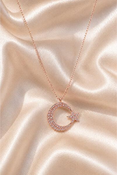 925 Ayar Gümüş Zirkon Taşlı Ay Yıldız Kolye-Rose Gold