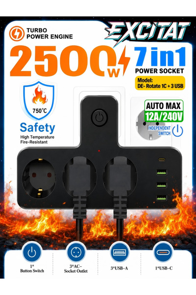 Excitat Prelungitor de prize multi-port standard european, 7 in 1, Excitat®, ...