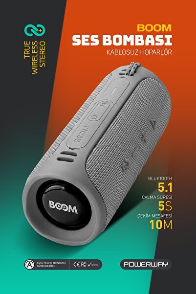 POWERWAY Boom Gri Taşınabilir Ses Bombası Kablosuz Bluetooth Hoparlör Speaker...