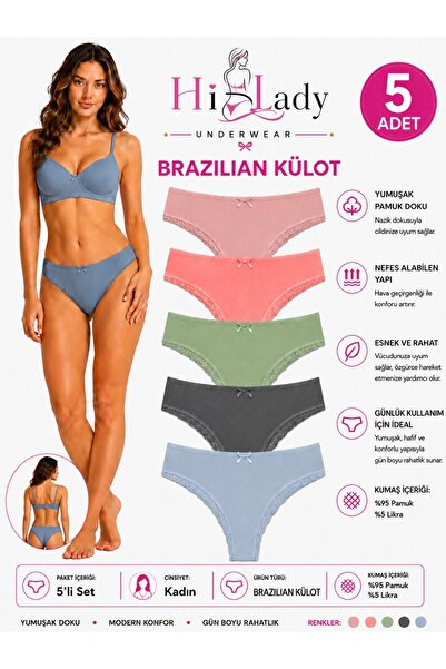 Hilady Majtki brazylijskie damskie 5 sztuk, miękka bawełna, ciemne miękkie ma...