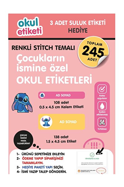 OKUL ETİKETİ BASKI OKUL ETİKETİ KIZ RENKLİ STİTCH TEMALI MİDİ PAKET İSME ÖZEL...