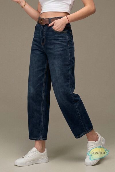Proshine Kadın Yeşil Tint Yüksek Bel Bilek Boy Baggy Jean Kot Pantolon - Deri...