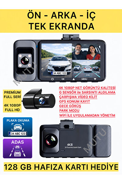 MUTU K02 PROMAX 4K 1080P Full HD 3 Kameralı GPS G Sensör Wifi Gece Görüş Ön A...