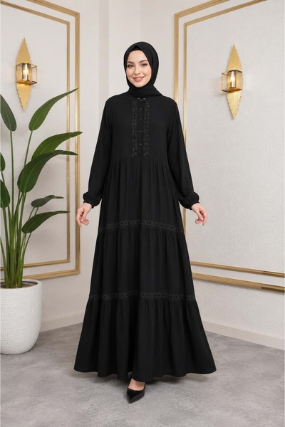 EFRAZE 26Y354 ELBİSE GENİŞ GÜPÜRLÜ VİSKON SİYAH