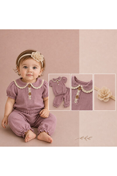 KUENS KuensKids Kız Bebek Toka Detaylı Saç Bandı ve 2'li Müslin Takım Lila Re...